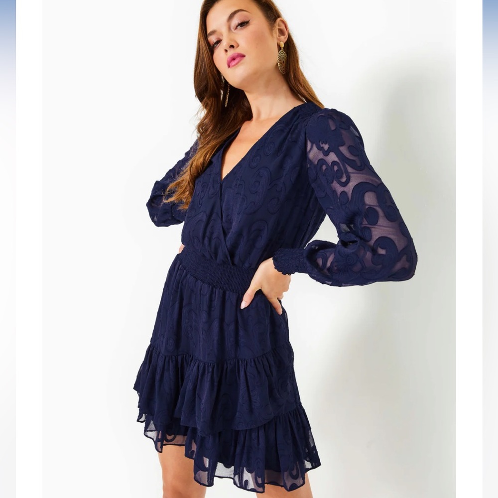 Lilly Pulitzer Cristiana Long Sleeve Dress - True Navy Poly Crepe Swirl Clip